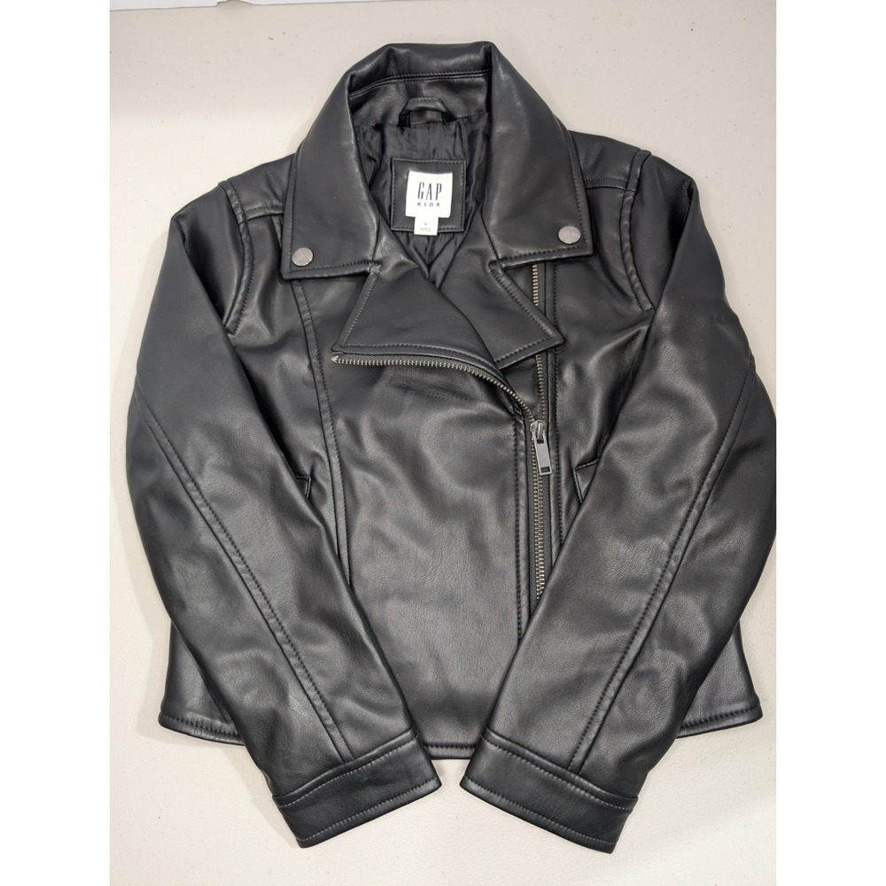 Gap Kids  Black Faux Leather Jacket Size S Zippers Biker Moto 90s rock vibe